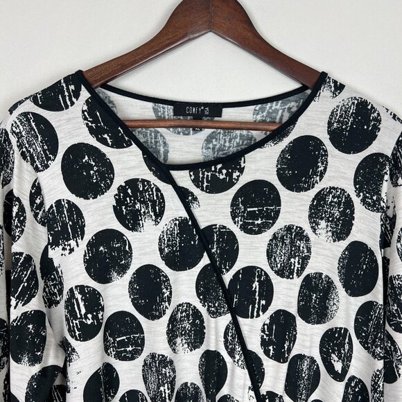 Comfy USA‎ Tunic Top Womens XL Black Beige Polka Dot Circle Print Artsy Slit - Picture 3 of 9